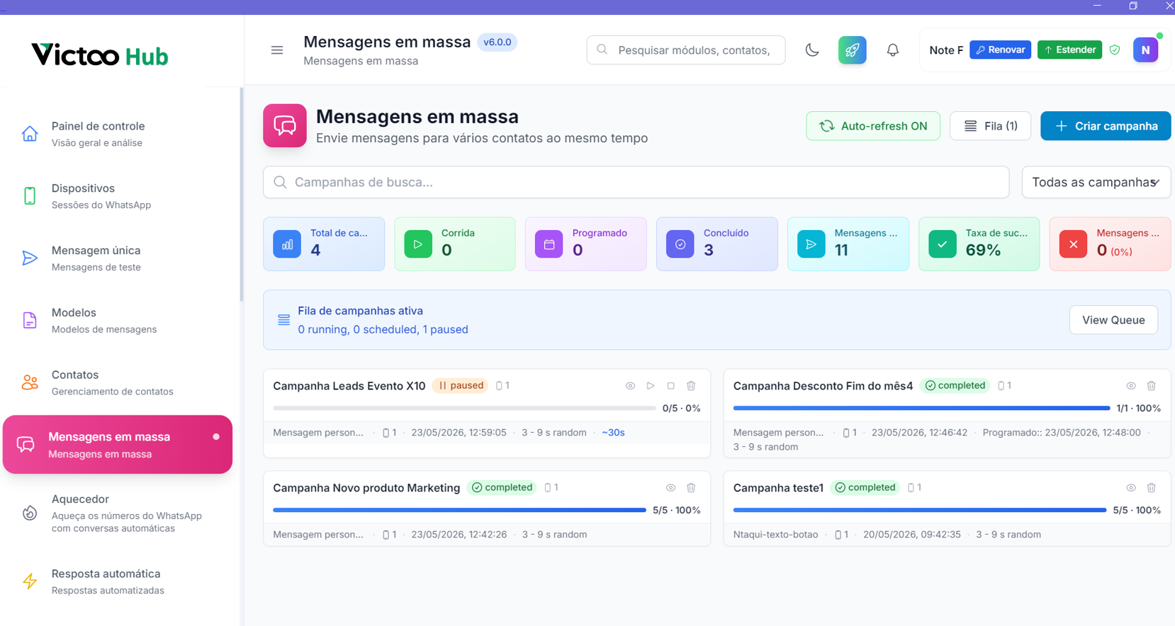 Painel Victoo Hub mostrando campanhas de mensagens em massa pelo WhatsApp